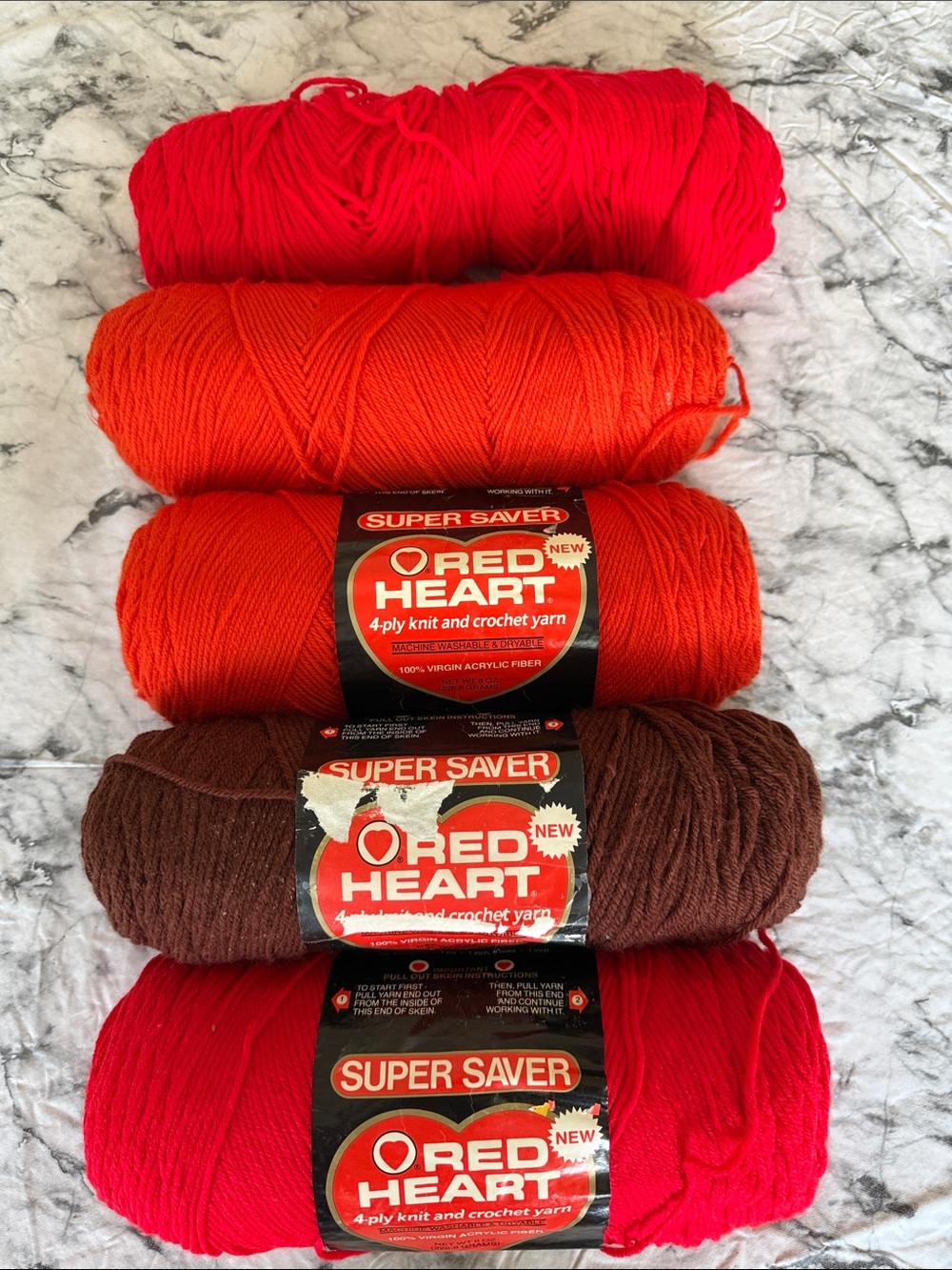 Red Heart Super Saver Yarn - Mixed Reds, Oranges, Brown. 5 Skein Bundle.